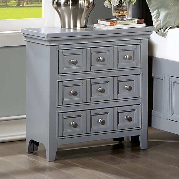 English Elm Transitional Castile Nightstand with Crown Molding, 3 Window-Panel Drawers & Nickel Hardware, 26"W Gray 30 L x 19 W x 31 H B011140215