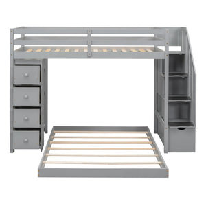 English Elm Twin Over Full Bunk Bed with Storage Stairs Drawers and Side Shelves in White LT000358AAE