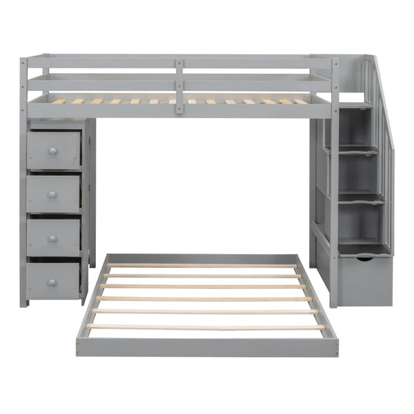 English Elm Twin Over Full Bunk Bed with Storage Stairs Drawers and Side Shelves in White LT000358AAE