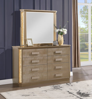 English Elm Medusa 6-Drawer Dresser in Gold & Copper Finish with LED Accent, Snake Skin Texture, Spacious Storage G150109078