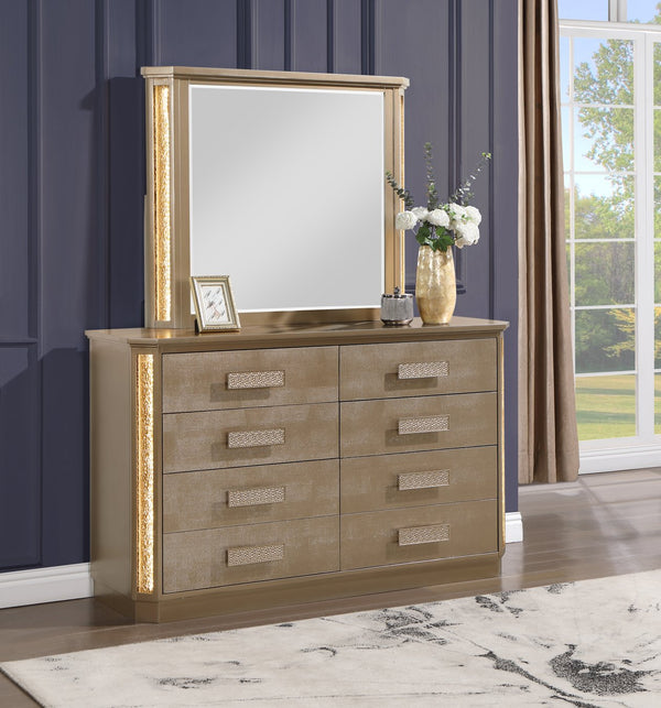 English Elm Medusa 4Pc Bedroom Set In Opulent Gold With Led Accents & Plush Upholstery For Luxurious Style B009S01073