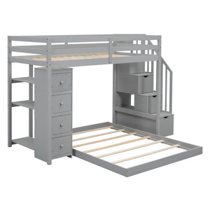 English Elm Twin Over Full Bunk Bed with Storage Stairs Drawers and Side Shelves in White LT000358AAE