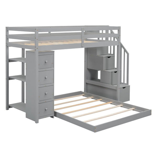 English Elm Twin Over Full Bunk Bed with Storage Stairs Drawers and Side Shelves in White LT000358AAE