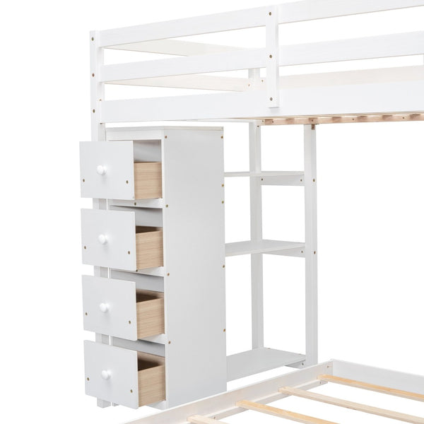 English Elm Twin Over Full Bunk Bed with Storage Stairs Drawers and Side Shelves in White LT000358AAK