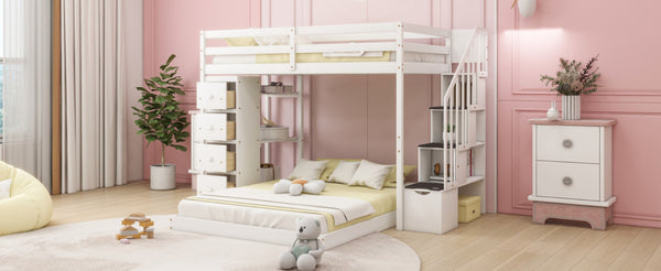 English Elm Twin Over Full Bunk Bed with Storage Stairs Drawers and Side Shelves in White LT000358AAK
