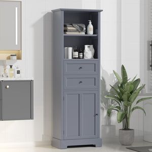 English Elm Bathroom Storage Cabinet, Tall Storage Cabinet With Two Drawers, Open Storage, Adjustable Shelf, Grey