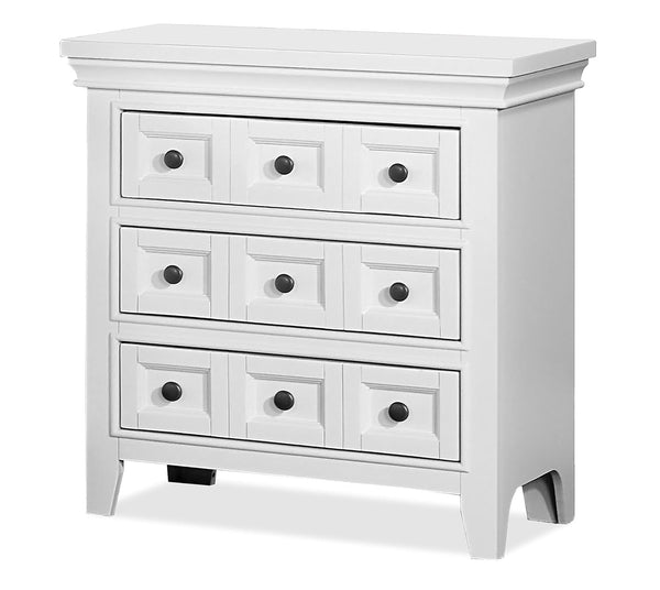 English Elm Transitional Castile Nightstand with Crown Molding, 3 Window-Panel Drawers & Nickel Hardware, 26"W White 30 L x 19 W x 31 H B011140213