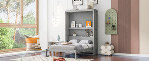 English Elm Full Size Murphy Wall Bed with Integrated Shelving for Studio or Guest Room Use LP000692AAE-1