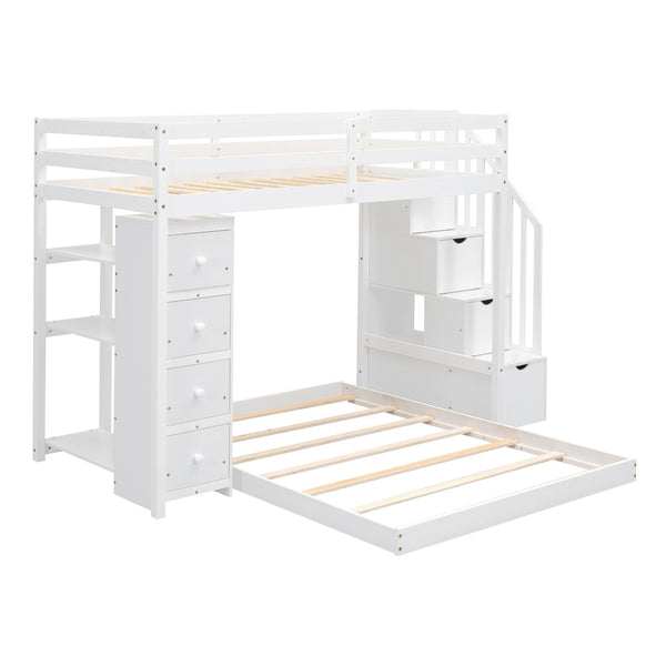 English Elm Twin Over Full Bunk Bed with Storage Stairs Drawers and Side Shelves in White LT000358AAK