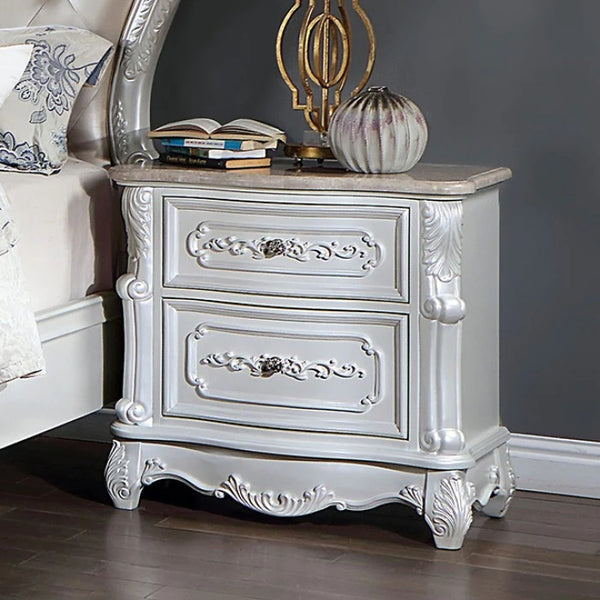 English Elm Pearl Luxury Baroque Nightstand with Genuine Marble Top, Solid Wood 2-Drawer Bedside Table, 29.5"W B011140212