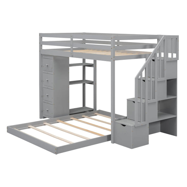 English Elm Twin Over Full Bunk Bed with Storage Stairs Drawers and Side Shelves in White LT000358AAE