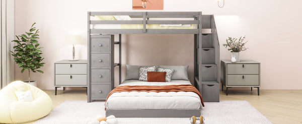 English Elm Twin Over Full Bunk Bed with Storage Stairs Drawers and Side Shelves in White LT000358AAE