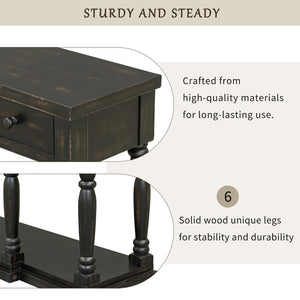 English Elm U_style Retro Console Table Pine Legs Four Drawers Open Shelf Hallway Entryway WF312987AAB