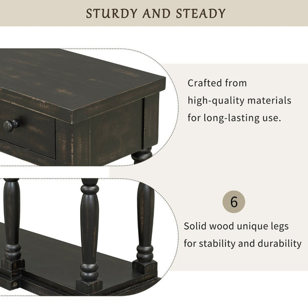 English Elm U_style Retro Console Table Pine Legs Four Drawers Open Shelf Hallway Entryway WF312987AAB