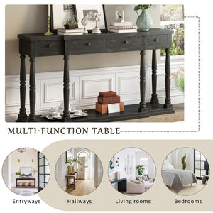 English Elm U_style Retro Console Table Pine Legs Four Drawers Open Shelf Hallway Entryway WF312987AAB