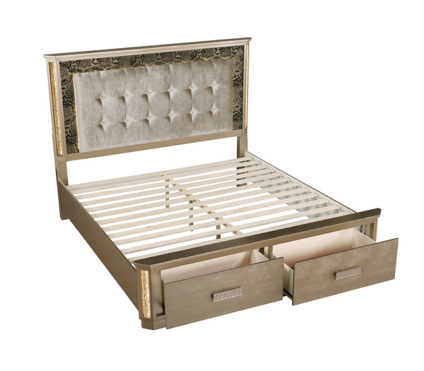 English Elm Medusa 4Pc Bedroom Set In Opulent Gold With Led Accents & Plush Upholstery For Luxurious Style B009S01073