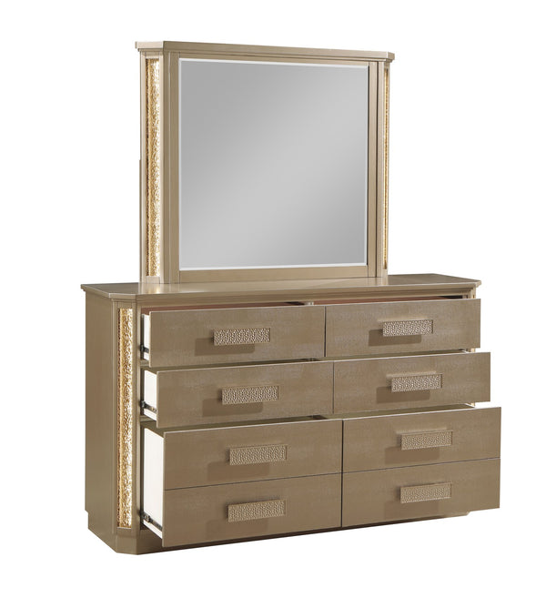 English Elm Medusa 6-Drawer Dresser in Gold & Copper Finish with LED Accent, Snake Skin Texture, Spacious Storage G150109078