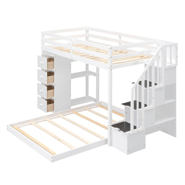 English Elm Twin Over Full Bunk Bed with Storage Stairs Drawers and Side Shelves in White LT000358AAK
