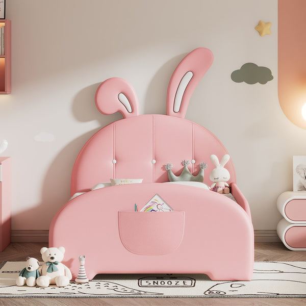 English Elm Twin Rabbit-Shape Upholstered Princess Bed with Headboard & Footboard, Sturdy Slat Platform, Durable MDF Frame Pink 42.91 L x 34.65 W x 6.5 H N733P198764H