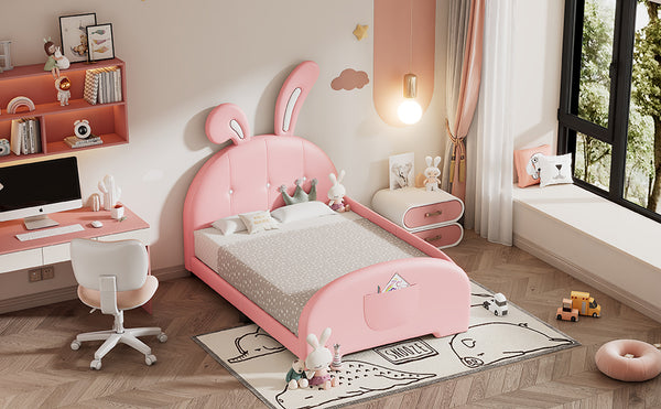 English Elm Twin Rabbit-Shape Upholstered Princess Bed with Headboard & Footboard, Sturdy Slat Platform, Durable MDF Frame Pink 42.91 L x 34.65 W x 6.5 H N733P198764H