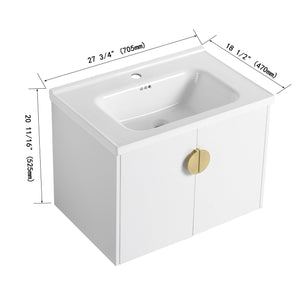 English Elm 28 Inch Wall-Mounted Bathroom Vanity with Ceramic Sink, Soft-Close Doors, Dual Handles, Water-Resistent Finish W999132143