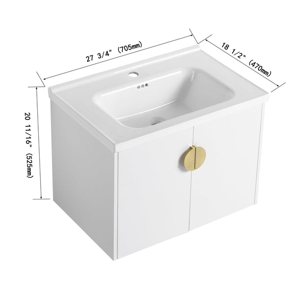 English Elm 28 Inch Wall-Mounted Bathroom Vanity with Ceramic Sink, Soft-Close Doors, Dual Handles, Water-Resistent Finish W999132143