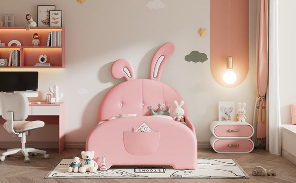 English Elm Twin Rabbit-Shape Upholstered Princess Bed with Headboard & Footboard, Sturdy Slat Platform, Durable MDF Frame Pink 42.91 L x 34.65 W x 6.5 H N733P198764H