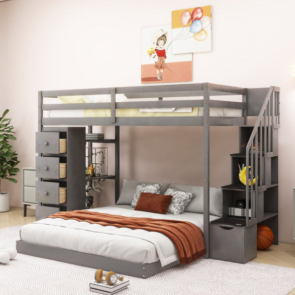 English Elm Twin Over Full Bunk Bed with Storage Stairs Drawers and Side Shelves in White LT000358AAE