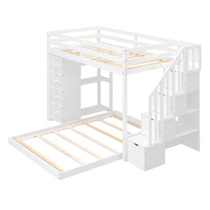 English Elm Twin Over Full Bunk Bed with Storage Stairs Drawers and Side Shelves in White LT000358AAK