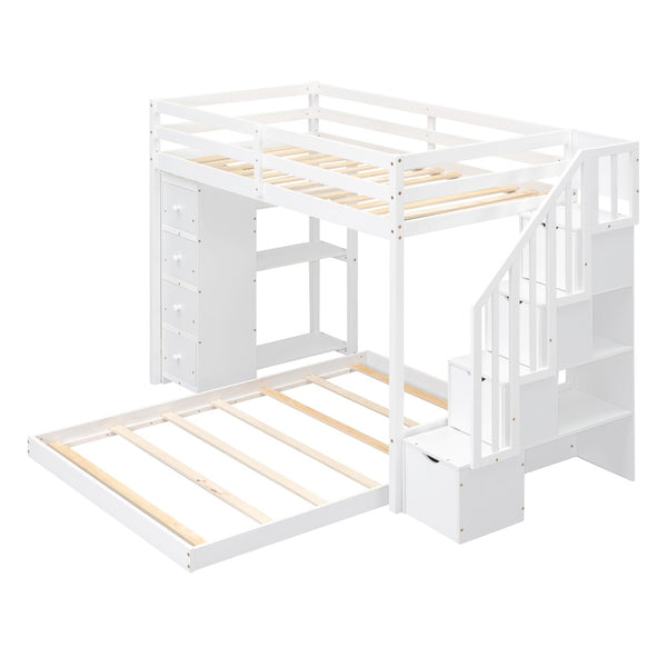 English Elm Twin Over Full Bunk Bed with Storage Stairs Drawers and Side Shelves in White LT000358AAK