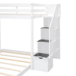 English Elm Twin Over Full Bunk Bed with Storage Stairs Drawers and Side Shelves in White LT000358AAK