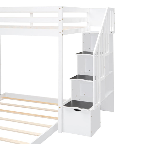 English Elm Twin Over Full Bunk Bed with Storage Stairs Drawers and Side Shelves in White LT000358AAK