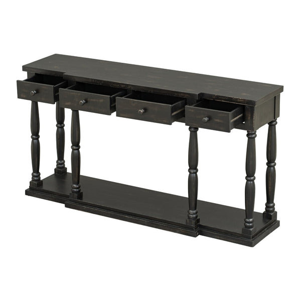 English Elm U_style Retro Console Table Pine Legs Four Drawers Open Shelf Hallway Entryway WF312987AAB
