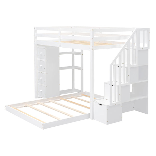 English Elm Twin Over Full Bunk Bed with Storage Stairs Drawers and Side Shelves in White LT000358AAK