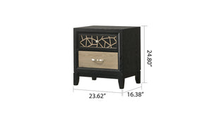 English Elm Selena Two-Drawer Nightstand in Black & Natural Wood Finish with Metal Glides and Custom Patterned Front for Modern Bedrooms B009139127