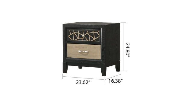 English Elm Selena Two-Drawer Nightstand in Black & Natural Wood Finish with Metal Glides and Custom Patterned Front for Modern Bedrooms B009139127