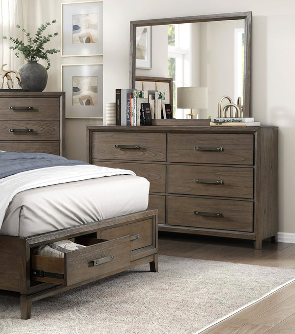English Elm Dark Walnut Six Drawer Dresser Mindy Veneer Wire Brushed Finish Master Bedroom Storage B011140394