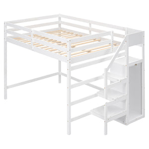 English Elm Full Full Size Loft Bed with Built-In Wardrobe, Staircase Storage and Space-Saving Design for Small Rooms White SM000527AAK-1