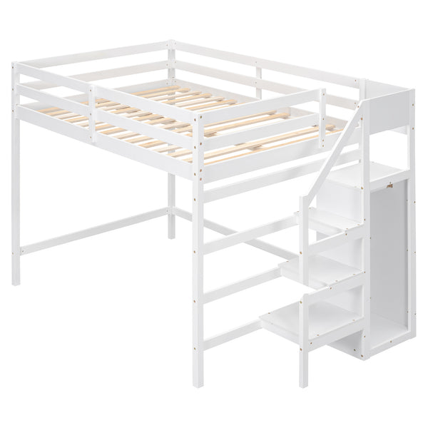 English Elm Full Full Size Loft Bed with Built-In Wardrobe, Staircase Storage and Space-Saving Design for Small Rooms White SM000527AAK-1