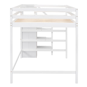 English Elm Full Full Size Loft Bed with Built-In Wardrobe, Staircase Storage and Space-Saving Design for Small Rooms White SM000527AAK-1