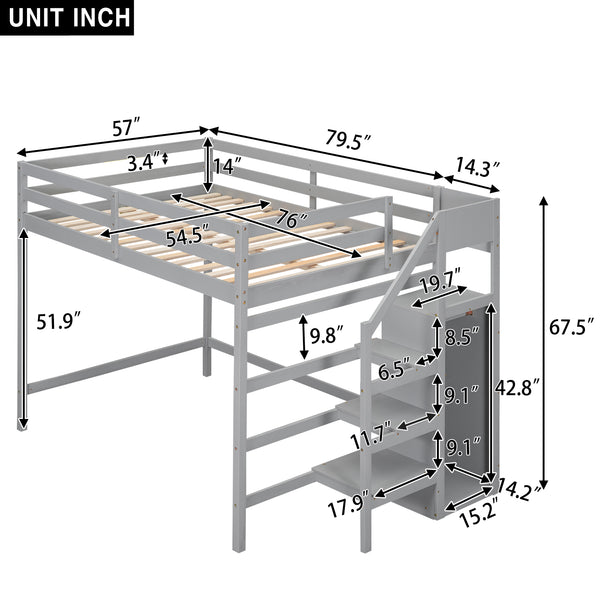 English Elm Full Full Size Loft Bed with Built-In Wardrobe, Staircase Storage and Space-Saving Design for Small Rooms Gray SM000527AAE-1