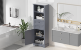 English Elm Bathroom Storage Cabinet, Tall Storage Cabinet With Two Drawers, Open Storage, Adjustable Shelf, Grey