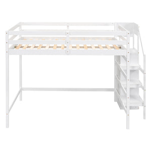 English Elm Full Full Size Loft Bed with Built-In Wardrobe, Staircase Storage and Space-Saving Design for Small Rooms White SM000527AAK-1