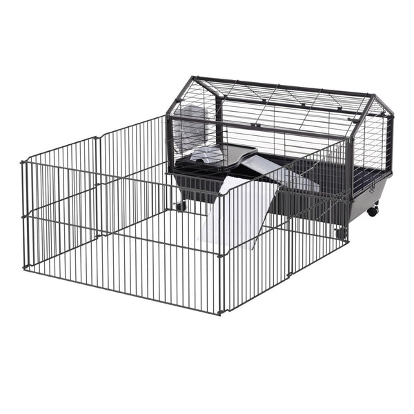 English Elm Small Animal Playpen Steel Wire Enclosure with Rolling Casters Ramp and Water Bottle W2225140476