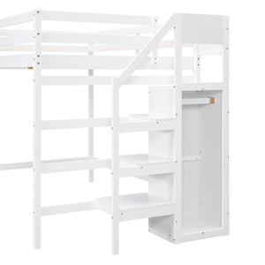 English Elm Full Full Size Loft Bed with Built-In Wardrobe, Staircase Storage and Space-Saving Design for Small Rooms White SM000527AAK-1
