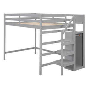 English Elm Full Full Size Loft Bed with Built-In Wardrobe, Staircase Storage and Space-Saving Design for Small Rooms Gray SM000527AAE-1