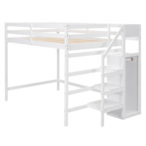 English Elm Full Full Size Loft Bed with Built-In Wardrobe, Staircase Storage and Space-Saving Design for Small Rooms White SM000527AAK-1
