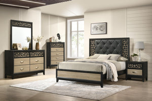 English Elm Selena Two-Drawer Nightstand in Black & Natural Wood Finish with Metal Glides and Custom Patterned Front for Modern Bedrooms B009139127