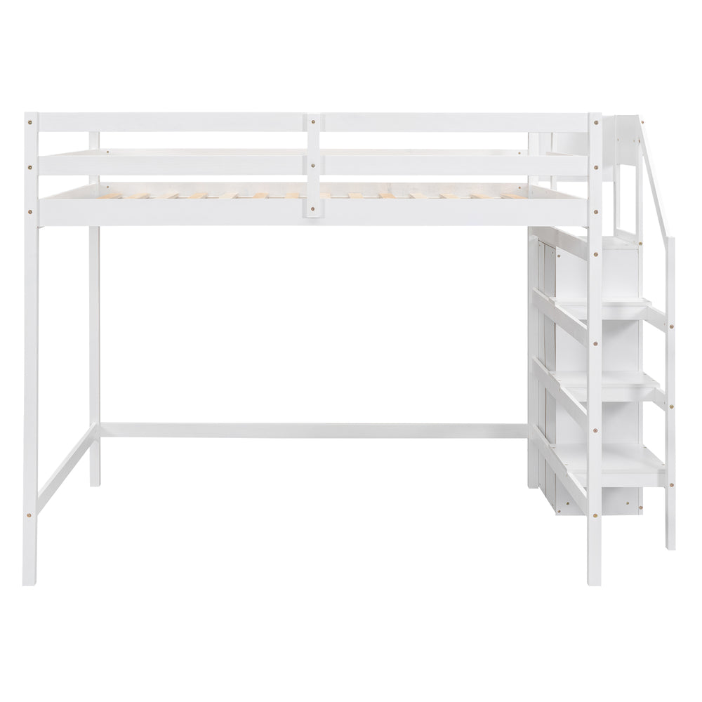 English Elm Full Full Size Loft Bed with Built-In Wardrobe, Staircase Storage and Space-Saving Design for Small Rooms White SM000527AAK-1