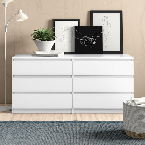 English Elm 6 Drawer Double Dresser with Mirror, Waterproof Scratch & Stain Resistant Finish for Stylish Storage White W2282S00003